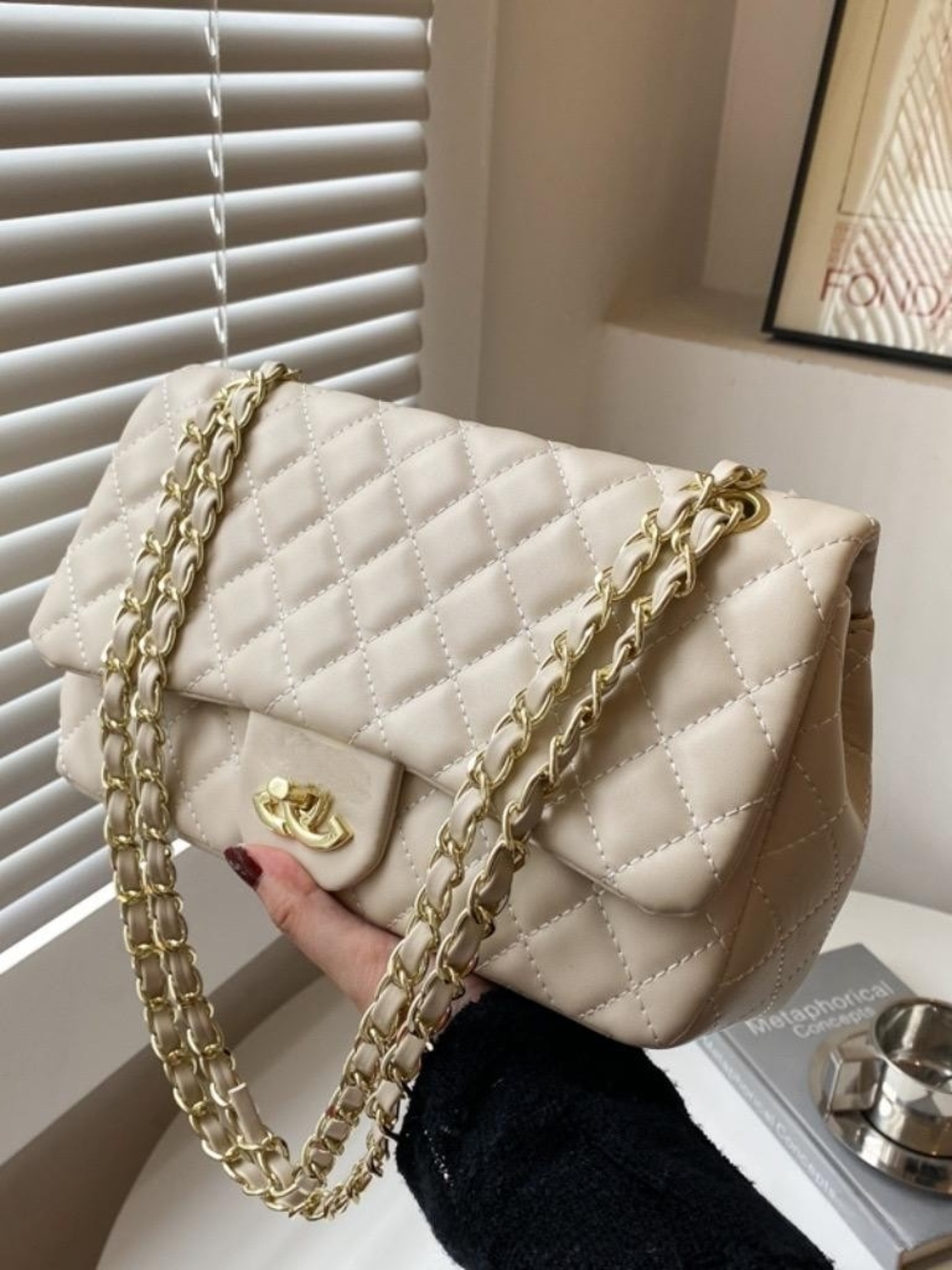 Quilted Cream Shoulder Bag with Gold Chain